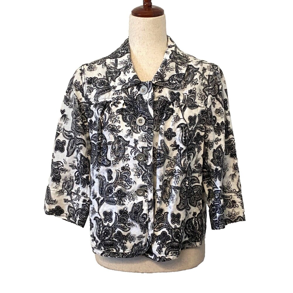 Women's M 100% LINEN Blazer Jacket Black White Floral Paisley Toile CHARTER CLUB